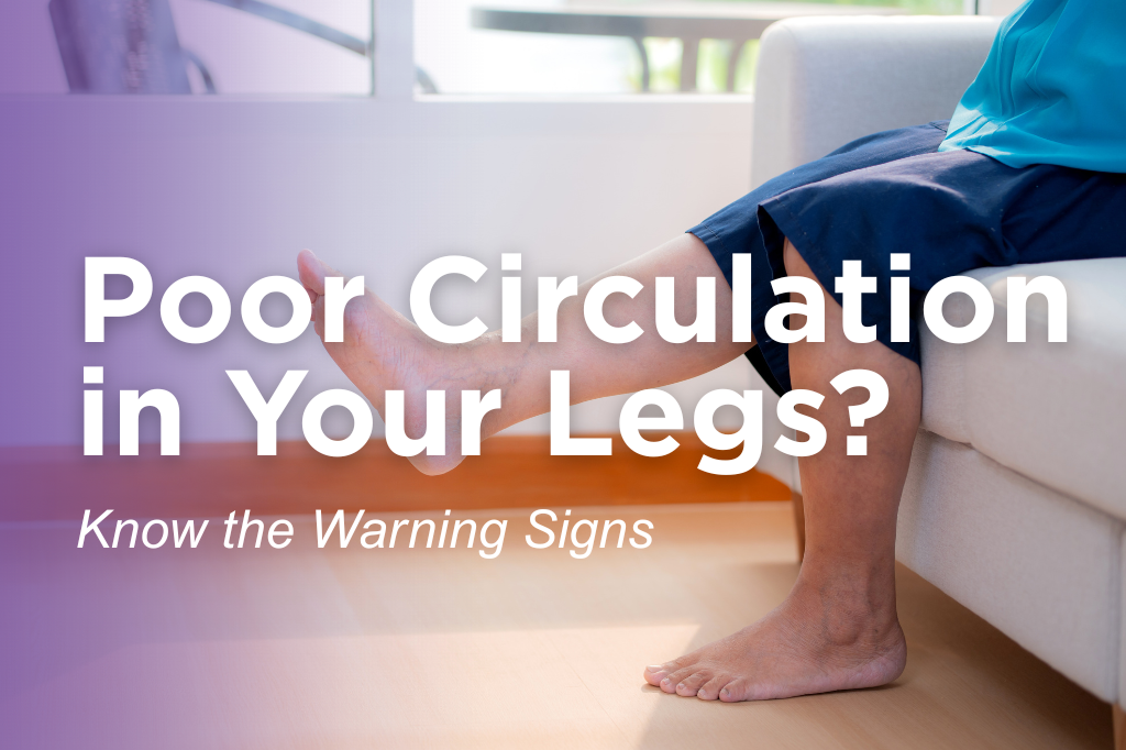 Person sitting with one leg extended, illustrating signs of poor circulation in the legs, vein disease symptoms, and warning signs to watch for.